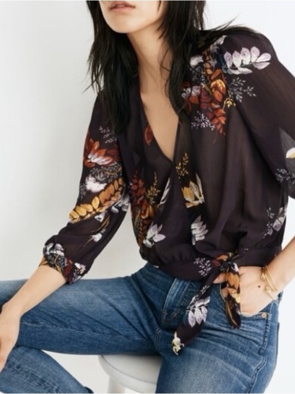 Madewell Blooming Oasis Wrap Floral Tie-Waist V-Neck Blouse size large